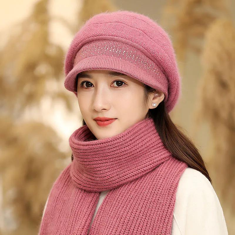 WTEMPO Cold-proof Windproof Warm Solid Color Ear Protection Elastic Hats Women's Autumn Winter Casual Verstaile Retro Elegant Hat + Scarf Set