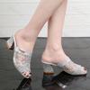 Fashion Women Thick Heeled Slippers New Fashion Summer Sequins Silver Party Wedding Shoes Woman Casual Plus Size Roman Sandals Slides
