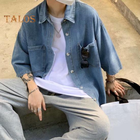 Men Denim Button-down Shirt Short Sleeve Lapel Shirt with Chest Pockets Loose Fit Casual Shirt for Summer Daily Wear Vacation Street