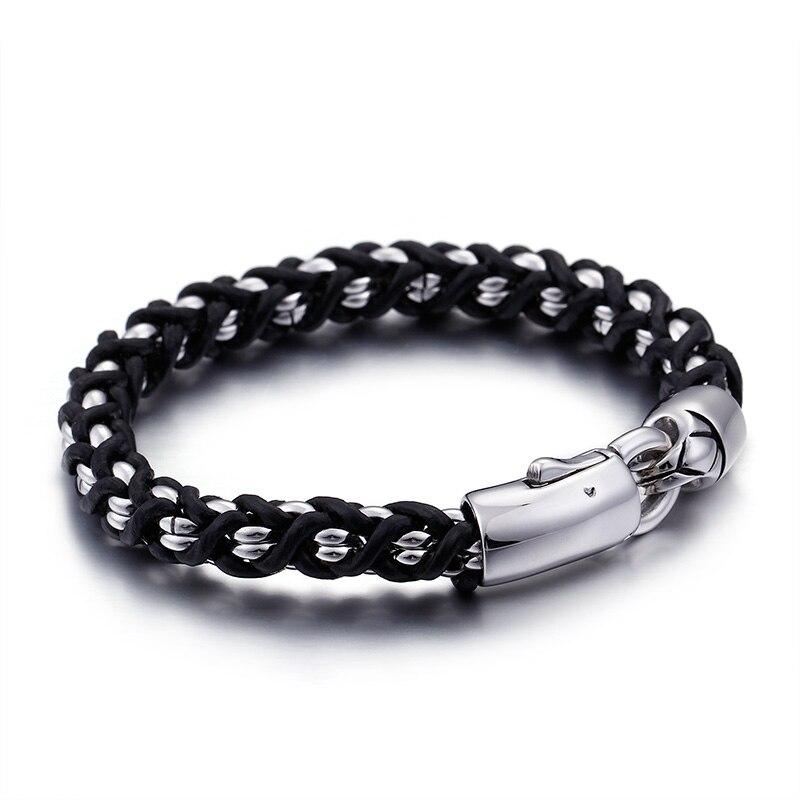 Retro Geometric Stainless Steel Black Leather Rope Braided European Ethnic Style Individuality Bracelet For Men