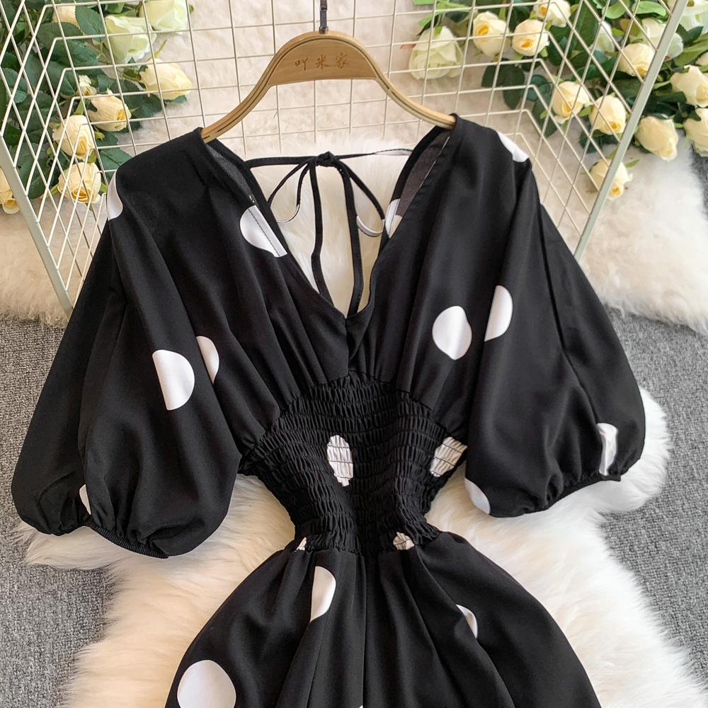 Damen Punkte Puffärmel Slim Bodysuit Schicke Mode Elastische Bodycon Jumpsuits Elegante Gothic Overalls