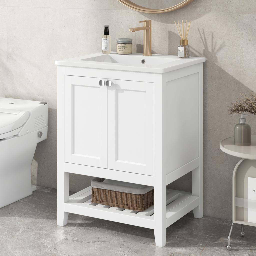 Bathroom Furniture Single Washstand with Vanity Unit 60cm with Ceramic Washbasin, White