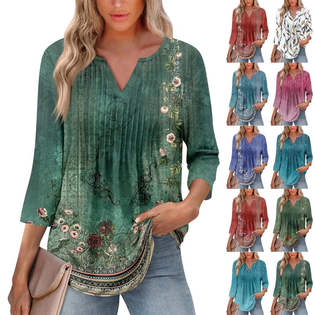 Modisches, lässiges T-Shirt mit plissiertem V-Ausschnitt und einfarbigen Siebenviertelärmeln für Damen