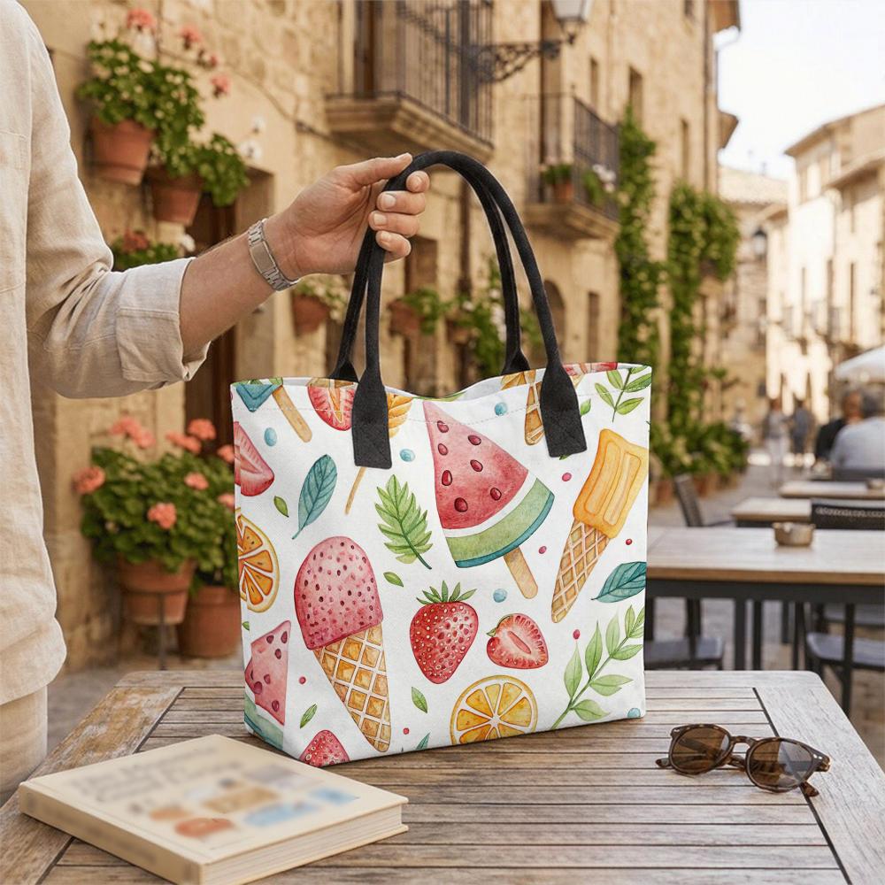 Summer Ice Cream Print Canvas Tote Bag Casual Large Capacity Shopping Handbag for Women Daily Use