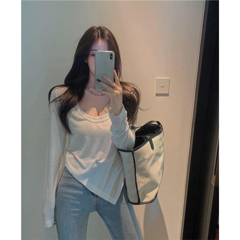 

Women s Slim Fit Long-Sleeve White T-Shirt - Stylish Low Collar, New for Autumn 2024 L белый