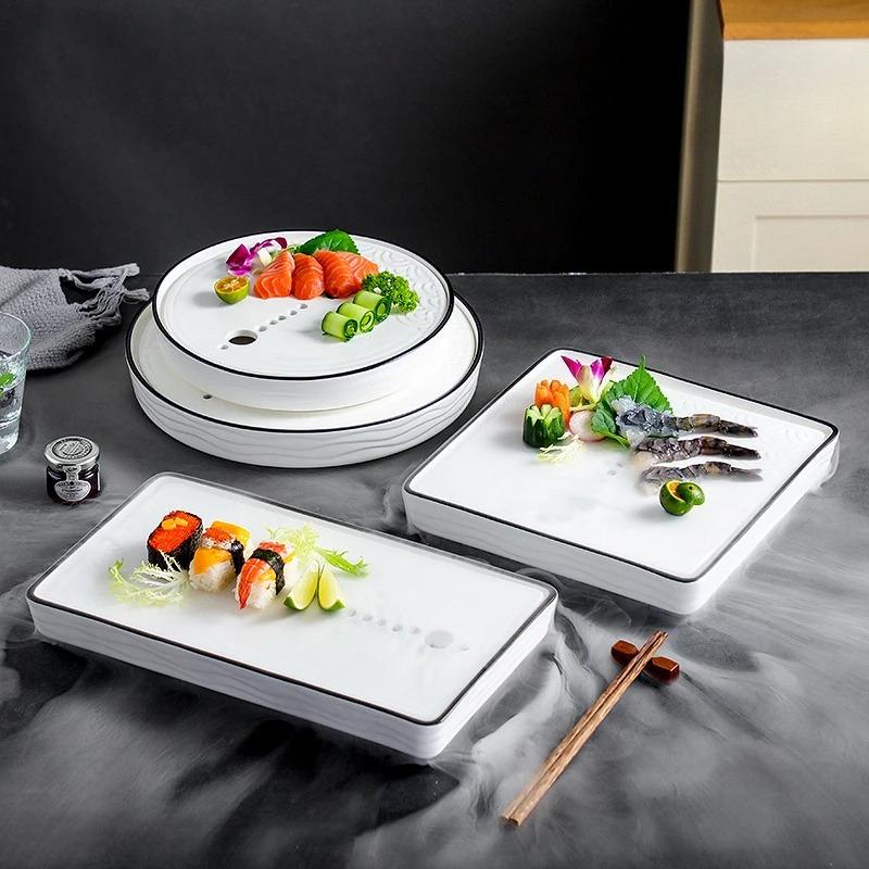 Kreativer Trockeneis-Rauchbehälter Keramik Kalte Platten Tablett Sashimi Trockeneisplatte Geschirr Sushi-Pfanne Charakteristisches Hotelgeschirr
