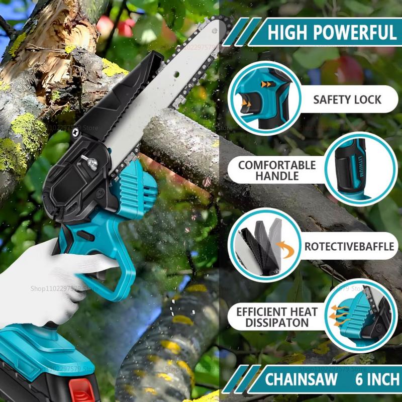 6 Inch Cordless Electric Chainsaw Handheld Garden Wood Cutting Power Tool 18V Battery Not Included Lightweight Logging Saw