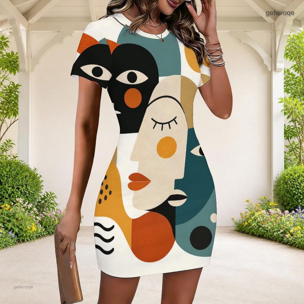 Women Plus Size Round Neck Short Sleeve Printed Fitted Mini Dress