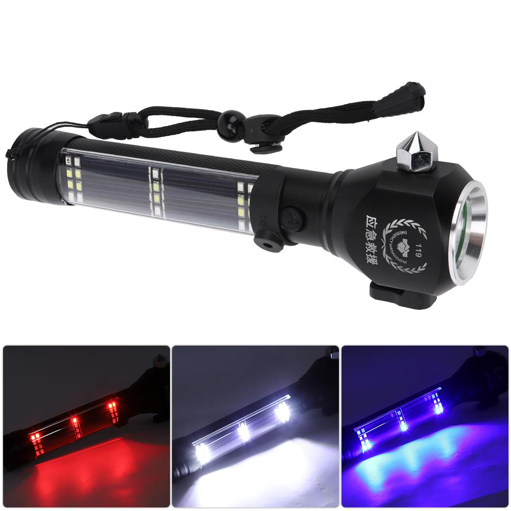 Solar Power Working Lamp Outdoor Defensive Strong Light Multifunction Emergency Flashlight with Safety Hammer