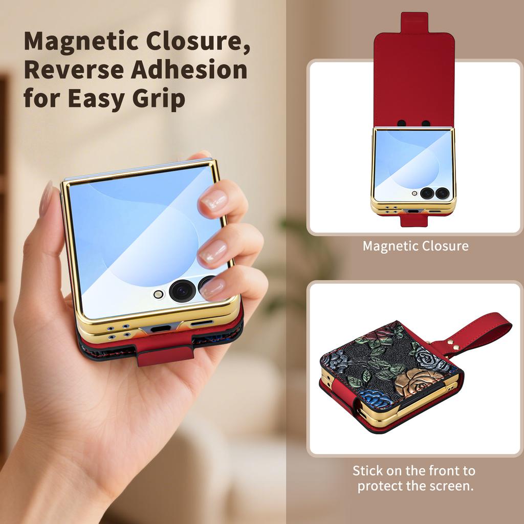 For Samsung Galaxy Z Flip7 5G Kickstand Case Flower Pattern Leather+PC Phone Cover with Back Film