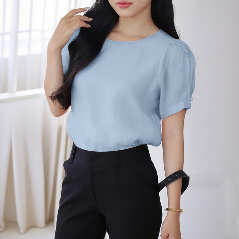 ZANZEA Women Casual Round Neck Solid Color Short Sleeve Blouse