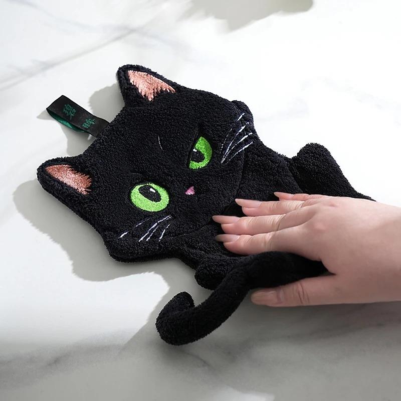 Cartoon Black Cat Hand Towel Animals Shape Absorbent Hand Cloth Kitchen Cleaning Wipe Cloth Kid Bathroom Hanging Towel