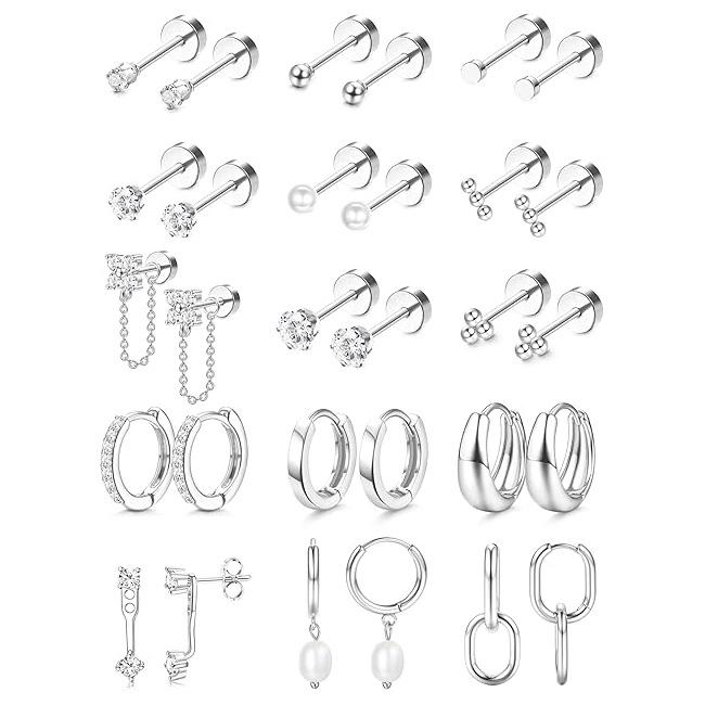 Kolip 15 Pairs Flat Back Stud Earrings for Women Men, Hypoallergenic Steel Earrings Set