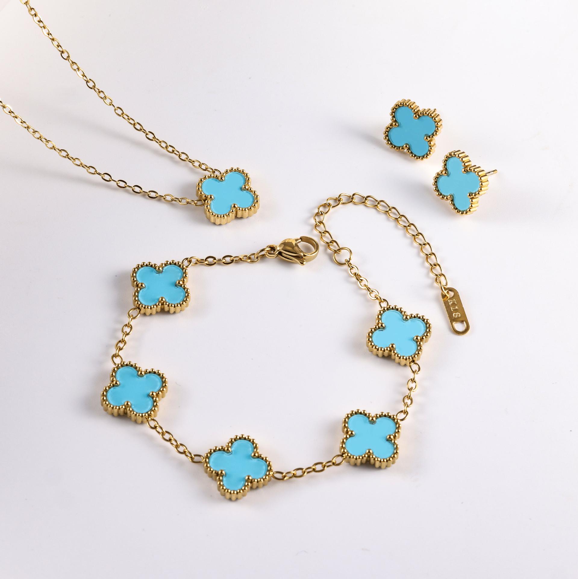 3PCS Four Leaf Clover Non fading Light Luxury Necklace Bracelet Earnail Set 13MM Necklace+bracelet+earring