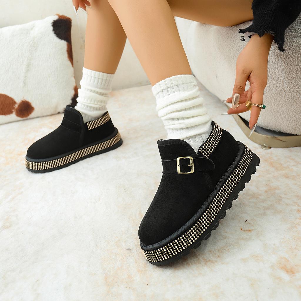 Women Boots 2025 New Sexy Thick Bottom Ankle Boots Metal Rivet Decoration Furry Snow Boots Women Warm Short Plush Slip On Shoes