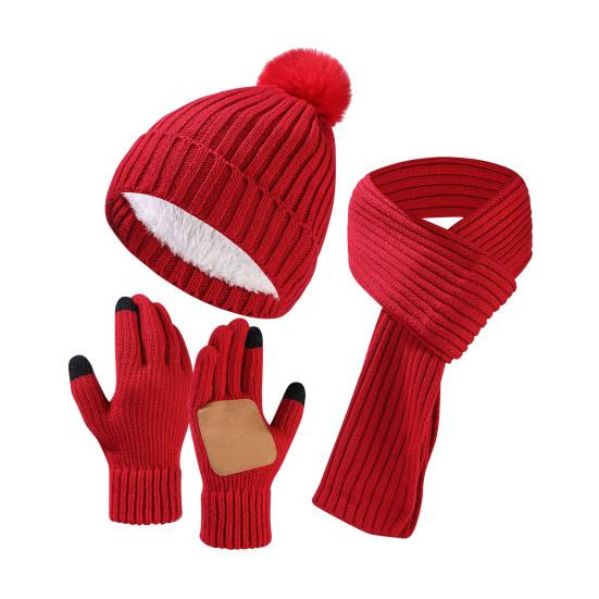 3Pcs/Set Winter Hat Scarf Gloves Set Solid Color Thickened Warm Plush Lining Elastic Brimless