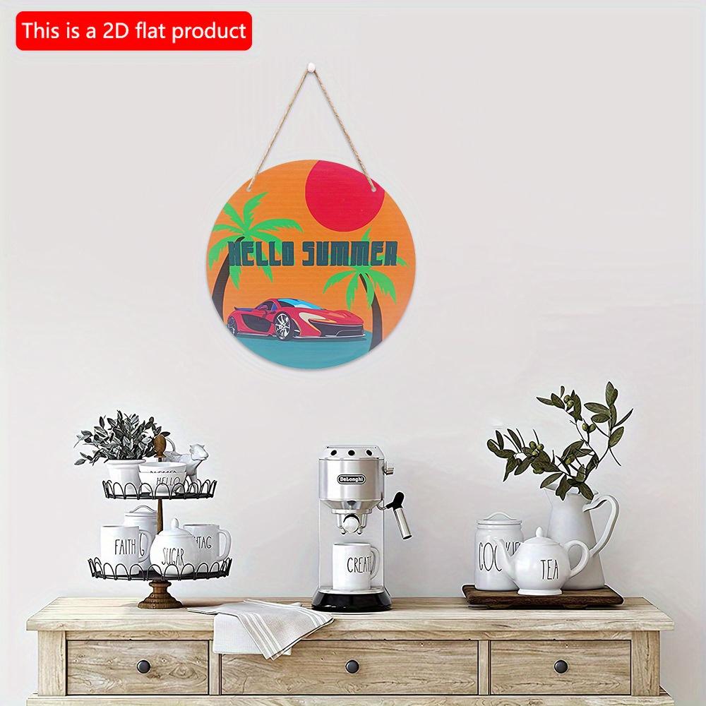 2D flat 20*20cm1pc Nostalgic Beach Sunset&Coconut Island scenery Round Decorative Plaque, Red sports car pattern For Beach Town&Resort Hotel Hanging