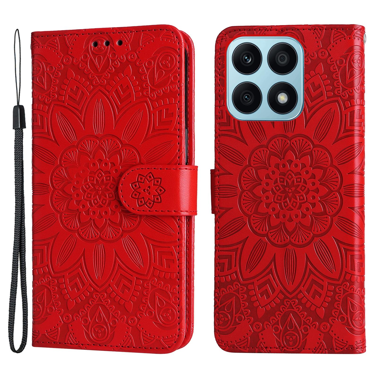 

For Honor X8a 4G PU Leather Phone Wallet Case Stand Sunflower Imprinted Phone Cover with Hand Strap Red