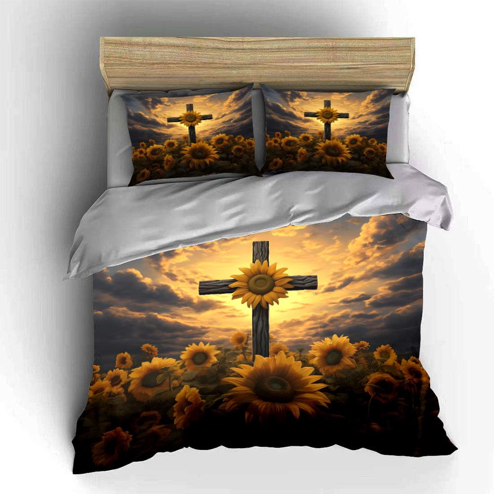"Sunflower Cross Religious Decoration Set" Soft Skin-Friendly Bedding Set Includes 1 Duvet Cover And 2 Pillowcase Gift