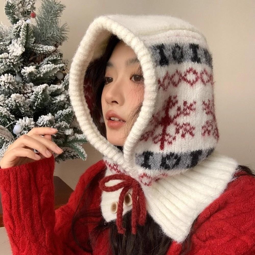 Fashion Snowflakes Winter Balaclava Hats One-Piece Ear Protection Knitted Hooded Cap Thick Warm Windproof Drawstring Hat