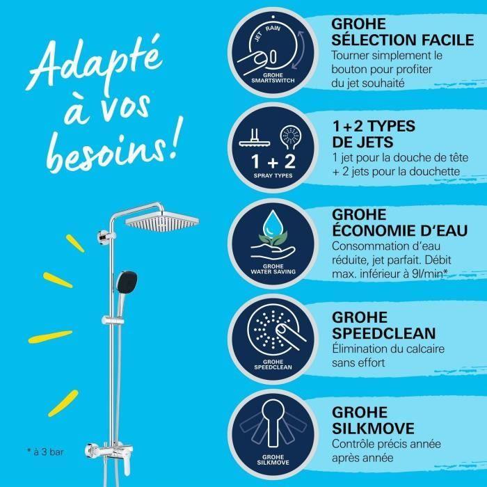 Colonne de douche avec mitigeur monocommande - Economie d'eau - GROHE Vitalio Comfort 250 - Chromé - 26985001