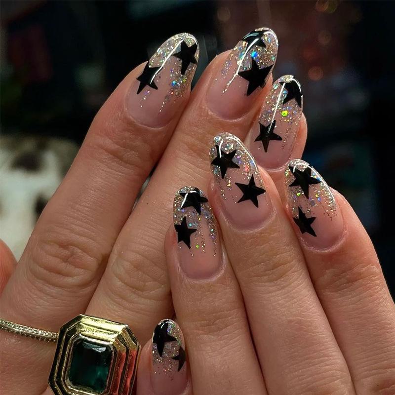 

Star Glitter Almond Fake Nails - 24 Short Wearable Removable Pieces Glue Set