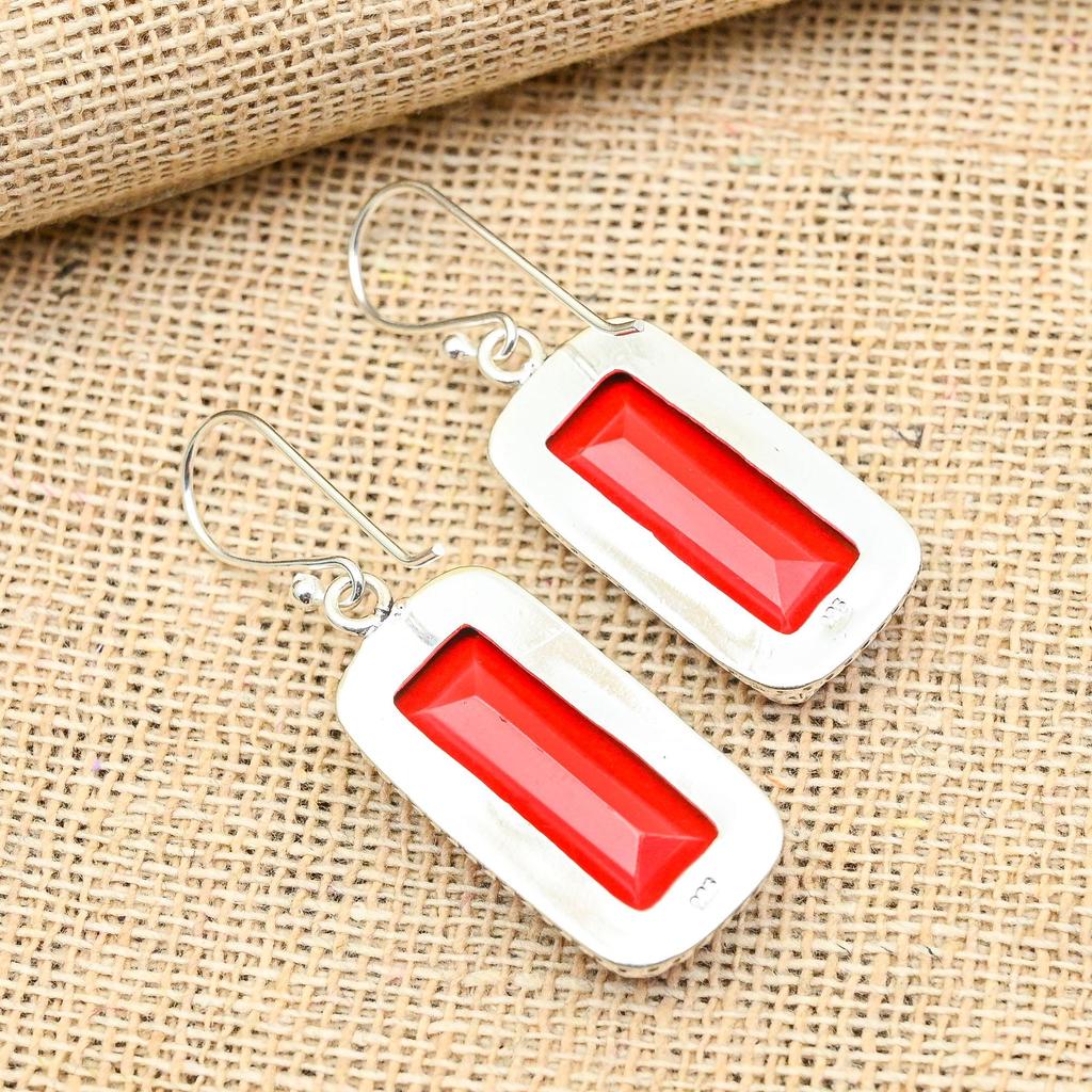 Faceted Red Coral Gemstone Handmade 925 Solid Sterling Silver Jewelry Earrings For Her