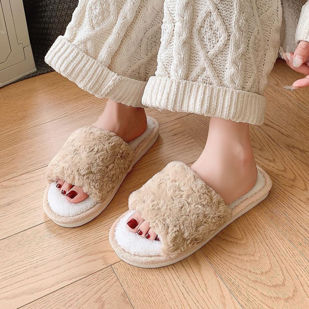 Women's Solid Color Rose Velvet Open Cotton Slippers for Winter Home Couples, Fuzzy Slippers for Warmth and Anti Slip, Thick Bottom Cotton Slippers