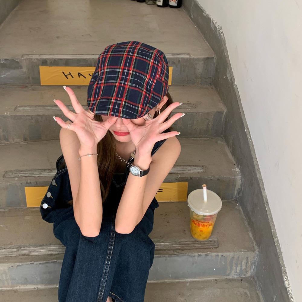 Short Brim Plaid Beret Cap Cotton Women Artist Hat Simple Cloth Painter Cap  Party