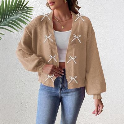 Sweter Rozpinany Patchworkowy z Naszywką Wstążka Kokardka dla Kobiet