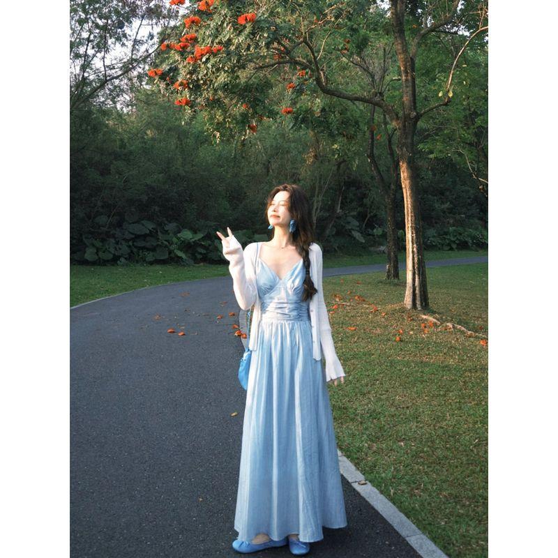 

Kumikumi Vacation Style Thin Knitting Cardigan Outwear Women s Fall Inner Match Slimming Sling Dress Two-piece Set Sling Dress S