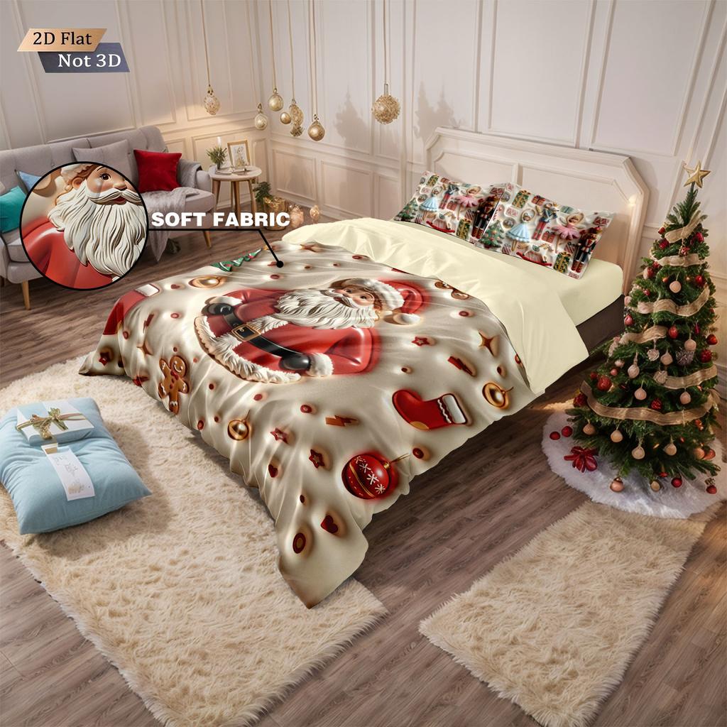 3pcs Imitation Relief Santa Claus Print Coreless Bedding Set Multi Size Bedroom Bedding Holiday Decoration Machine Washable