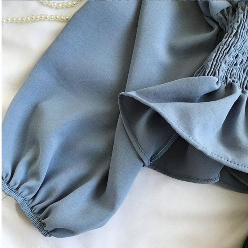 Women's Ruffled Chiffon Shirt Short Top Sexy Off-the-shoulder Off-the-shoulder Long Sleeve Waist Shirt Women Blouse Lantern Sleeve