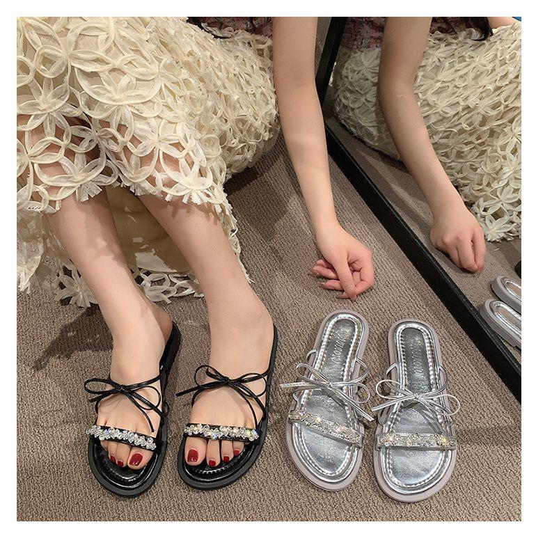 Rhinestone premium French small sandals one-word drag 2025 new summer wear fairy style bow slippers girl