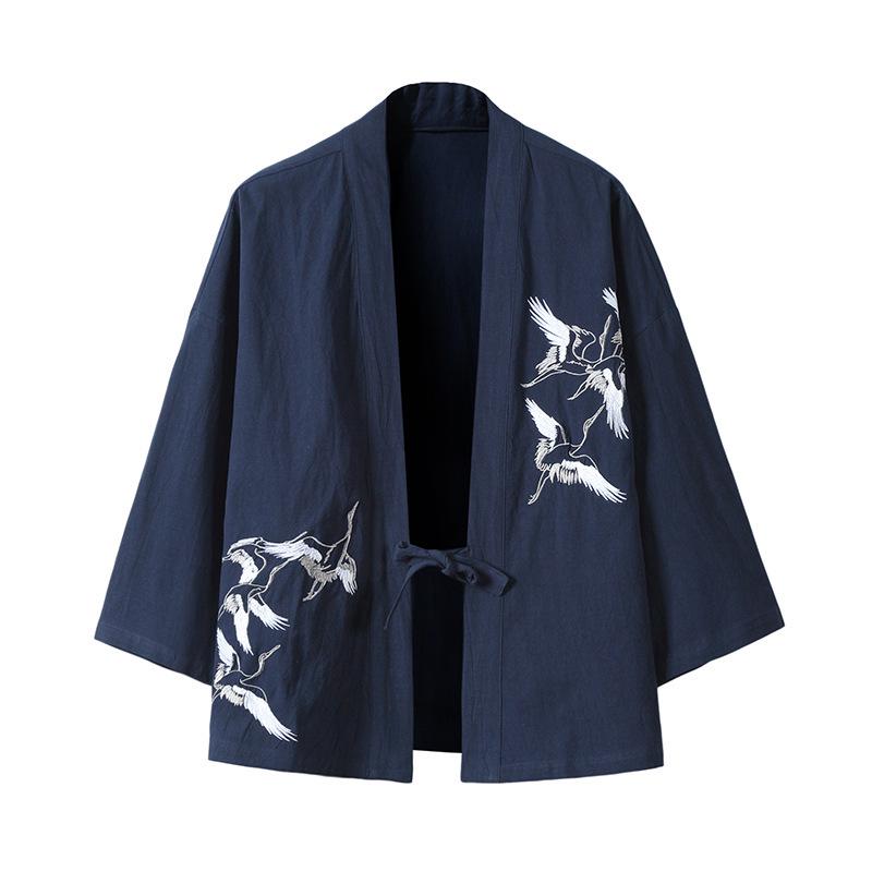 2025 Summer Men's Crane Embroidery Hanfu Cardigan – Chinese Style Kimono & Taoist Robe