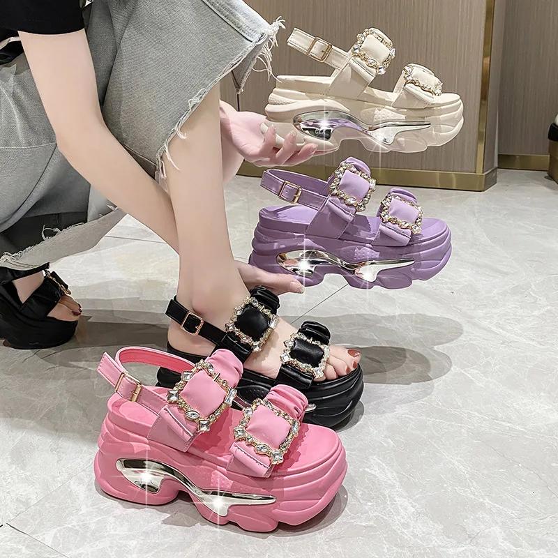 Female Sandal High Heels Black Shoes for Women Muffins Shoe Buckle Strap 2025 Summer Open Toe Girls Rhinestone High-heeled Beige