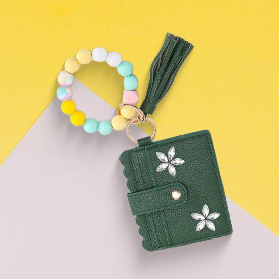 RFID Shielded Card Holder with Rhinestone Flower And Beads Decor Women Wristband Wallet Keychain Faux
