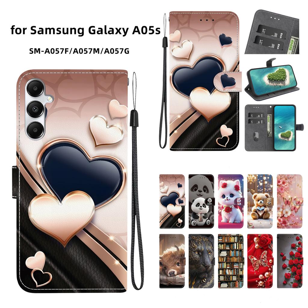 Handgefertigte PU-Leder-Flip-Hülle für Samsung Galaxy A05s (A057F/A057M/A057G)- Rutschfeste Stoßfeste Hülle mit Handschlaufe & Herz/Rose Katze Designs