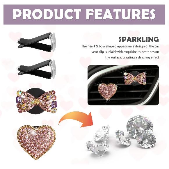 2PCS Bling Car Vent Clips with Bow Tie & Heart Design,Stylish Car Air Vent Clips with Rhinestones for Cars Decorations,Universal Vehicle Accessories