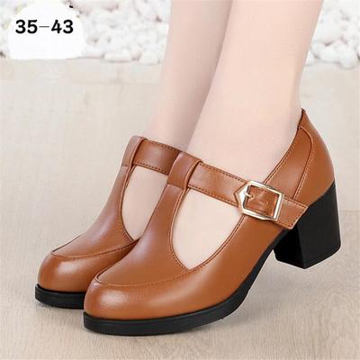 Plus Size 35-43 T Strap Thick Heel Shoes Women Genuine Leather High Heels Shoes Ladies Platform Shoes Mother Dance Shoe