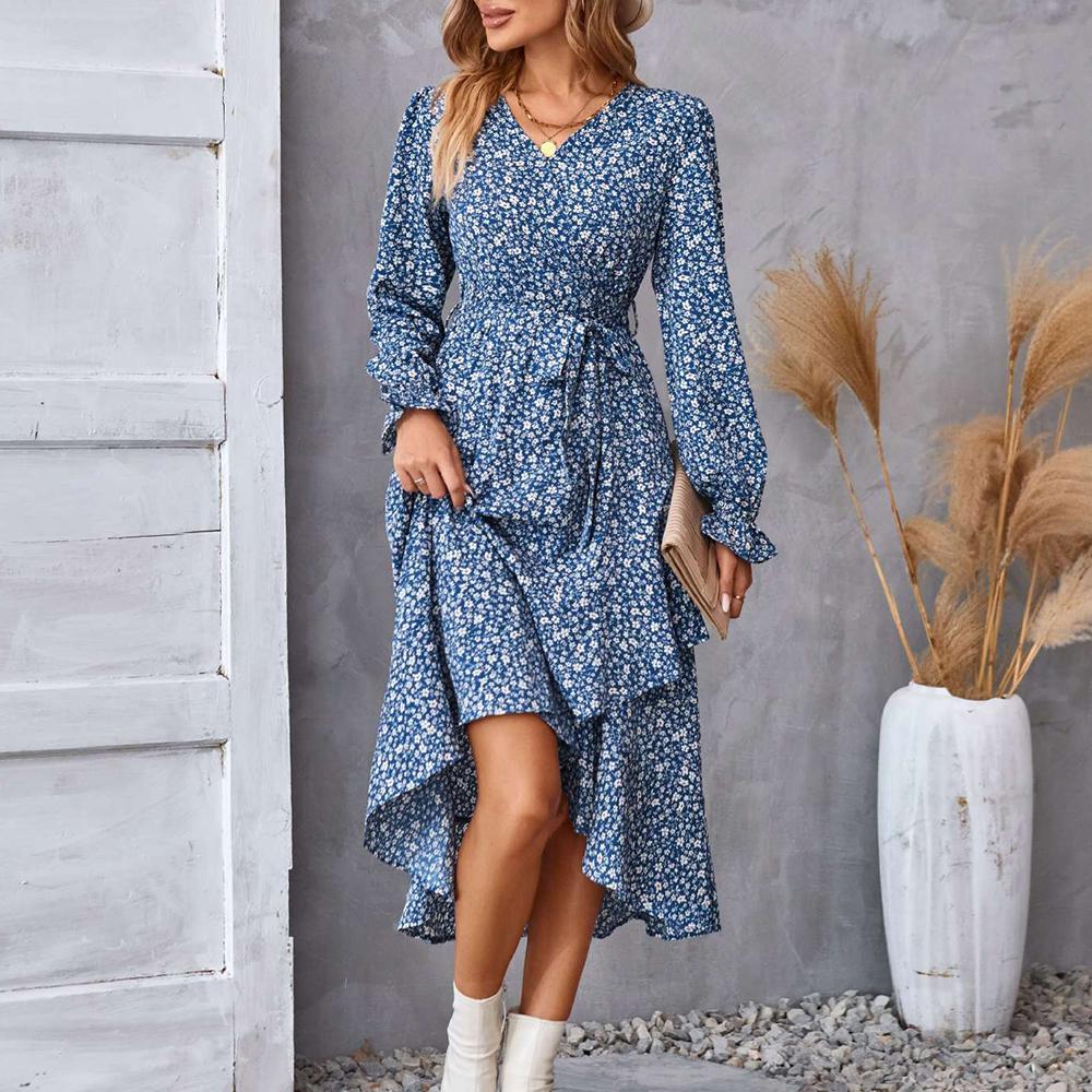 

Женское платье миди с цветочным принтом и V-образным вырезом. Женские повседневные платья с длинными рукавами и рюшами.