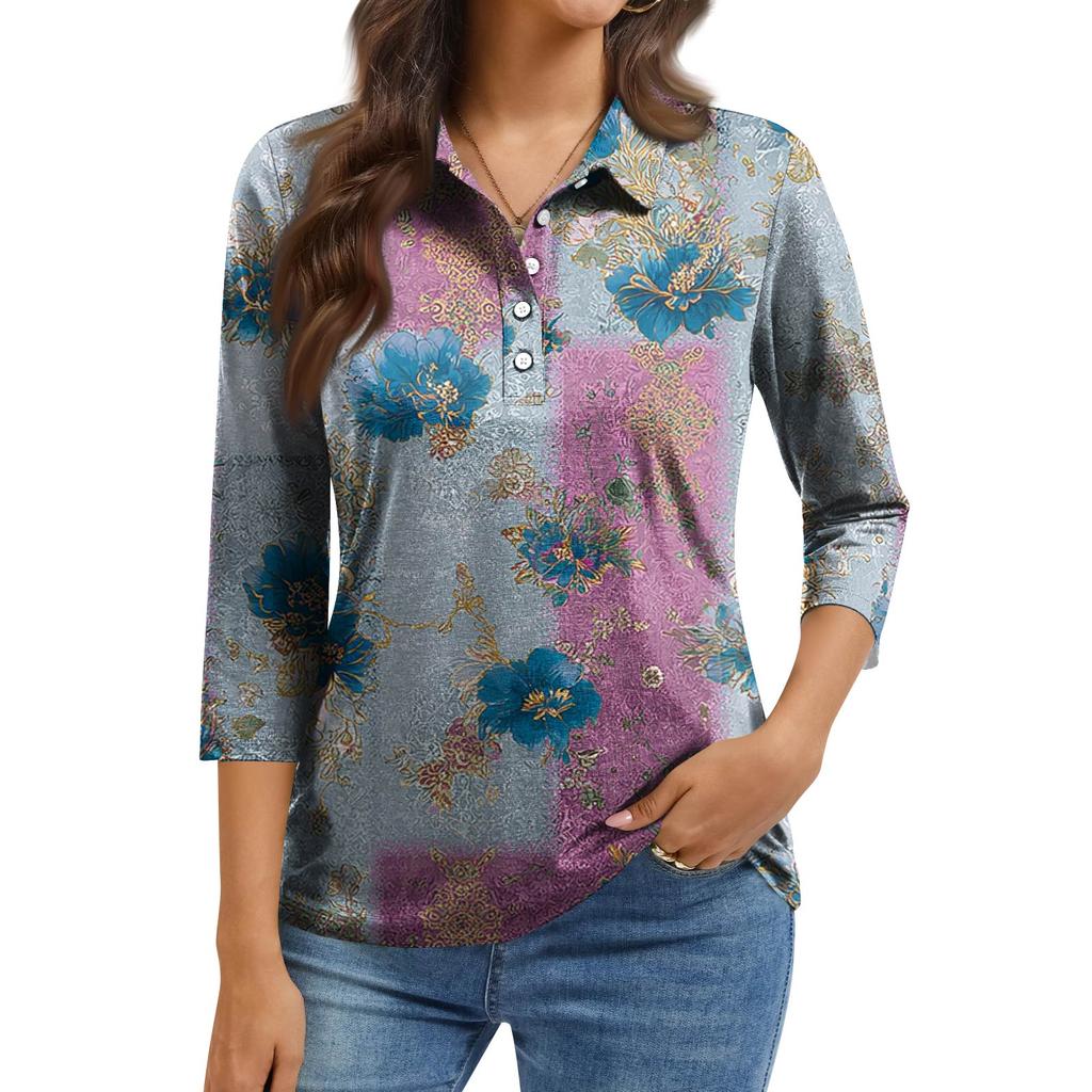 Women's Fashion Casual Lapel Short 3/4 Sleeve Print Shirt Women's Button Up Tops