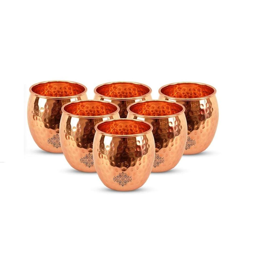 Copper Glass Tumbler, Hammer Design, Drinkware, 550 ML Each, Set of 6