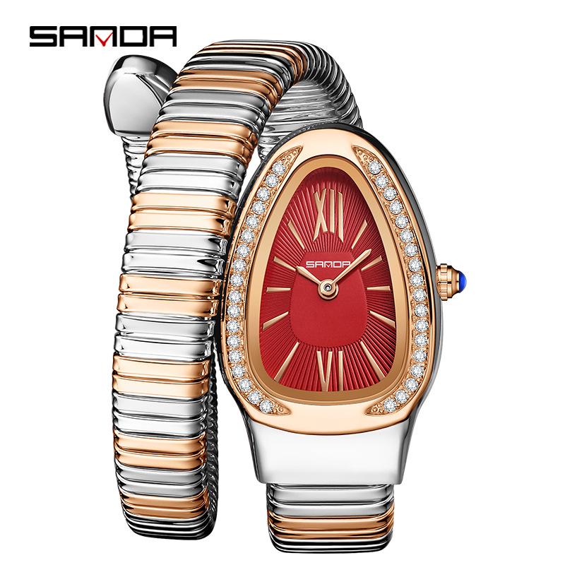SANDA Women's Luxury Snake Head Bracelet Watch with Roman Mother-of-Pearl Dial, Diamond Accents, English Two-Hand, 30M Water Resistant.