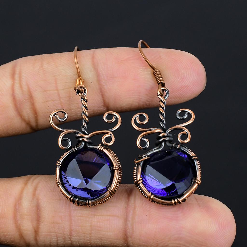 Iolite Earrings, 999 Copper Wire Wrapped Earrings Handmade Gemstone Jewelry, Gifts For Wife Brand New Earrings