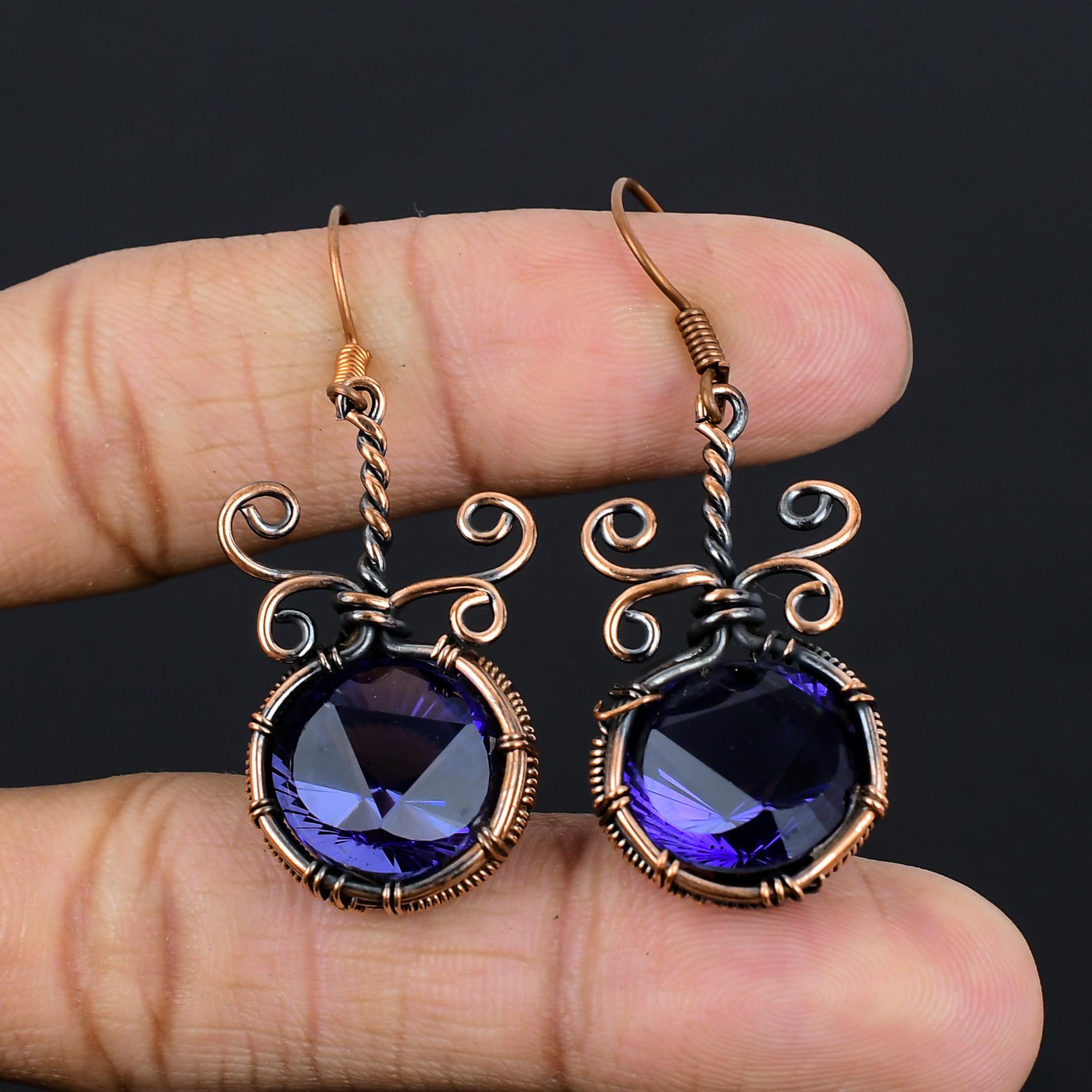 

Iolite Earrings, 999 Copper Wire Wrapped Earrings Handmade Gemstone Jewelry, Gifts For Wife Brand New Earrings 2.55 Inches