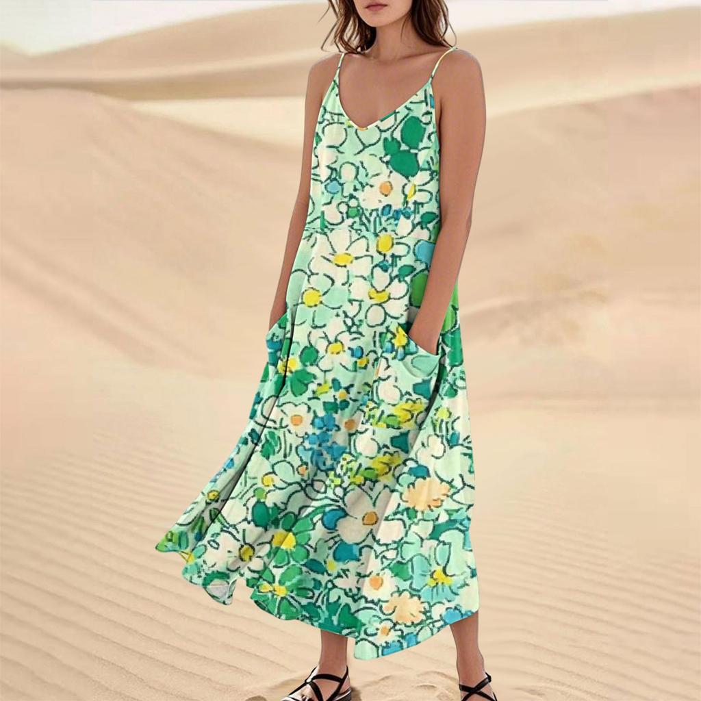 Women's Fashion Casual Floral Print Sleeveless Pocket Long Beach Dress
