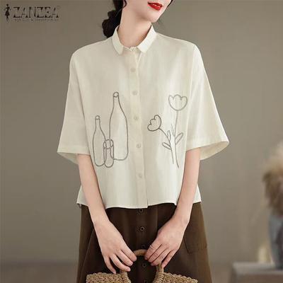 Moda feminina camisa colarinho manga curta estampa floral camisas