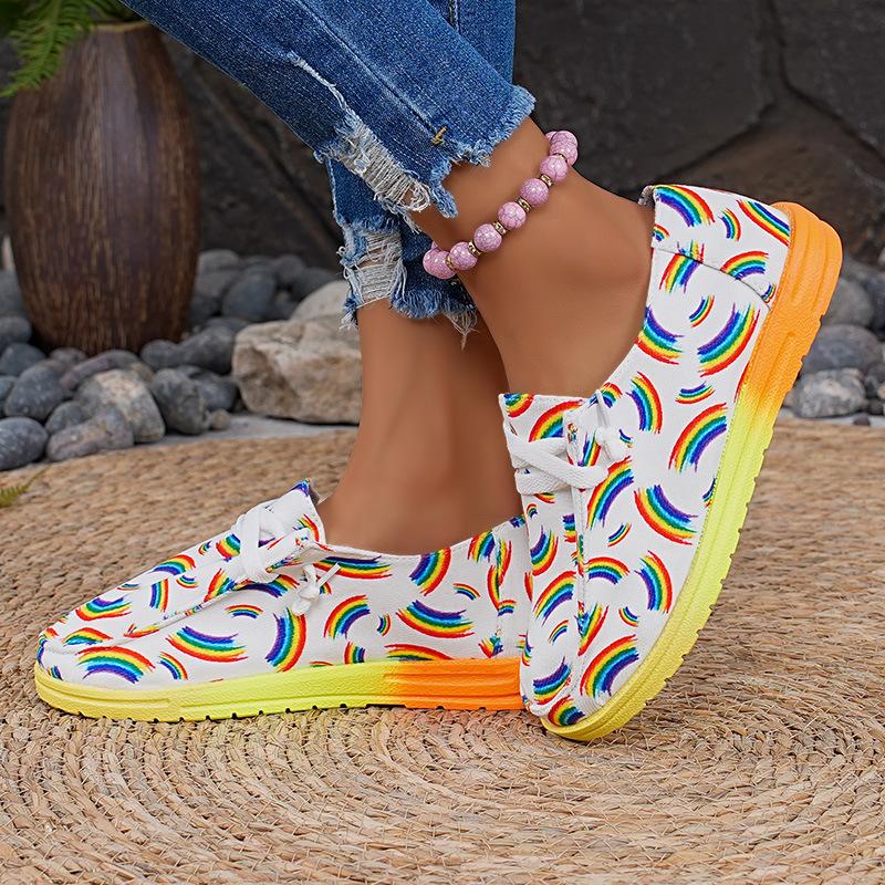 2025 New Plus-size Lace-up Color Low-top Shoes Women's Ethnic Style Graffiti Lazy Canvas Flat Shoes