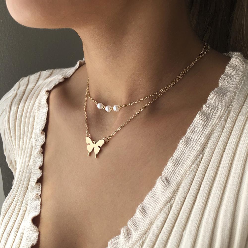 Fashion Trend Personality Double Layer Imitation Pearl Butterfly Pendant Necklace Clavicle Chain Party Jewelry Exquisite Gifts